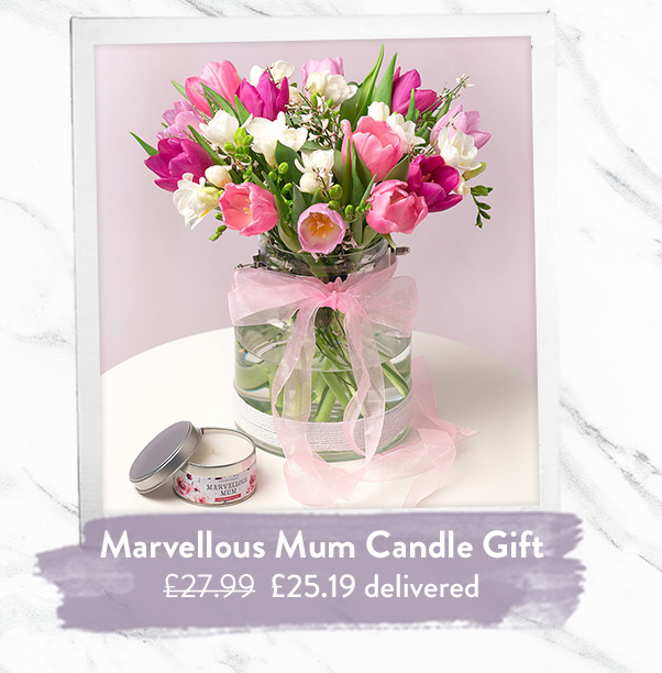 Lavender, Purple and Pink Tulips and white Freesias with Marvellous Mum Rosewater and Ivy scented candle