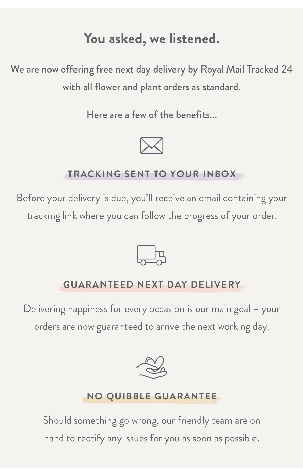 We are now offering free next day delivery with all flower and plant orders as standard.